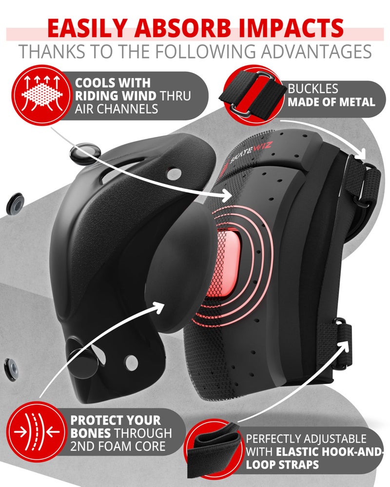SKATEWIZ وسادات ركبة SKATEWIZ للأطفال - مجموعة وسادات للركبة والمرفقين - PROTECT-1 - الحجم M أسود - واقيات المعصم معدات الحماية للتزلج، لوح التزلج، التزلج على الجليد للأطفال - Image 3